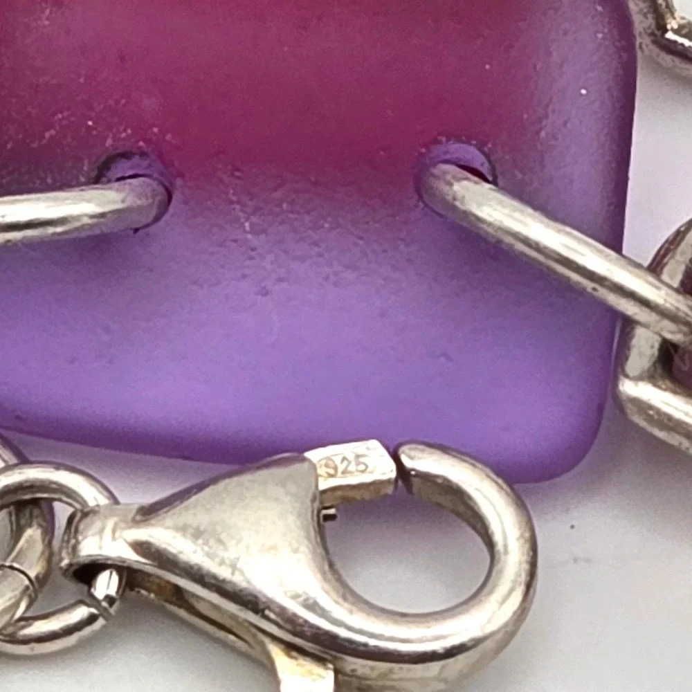 Sterling Silver 925 Frosted Sea‎ Glass Multi Color Rectangle Link Bracelet